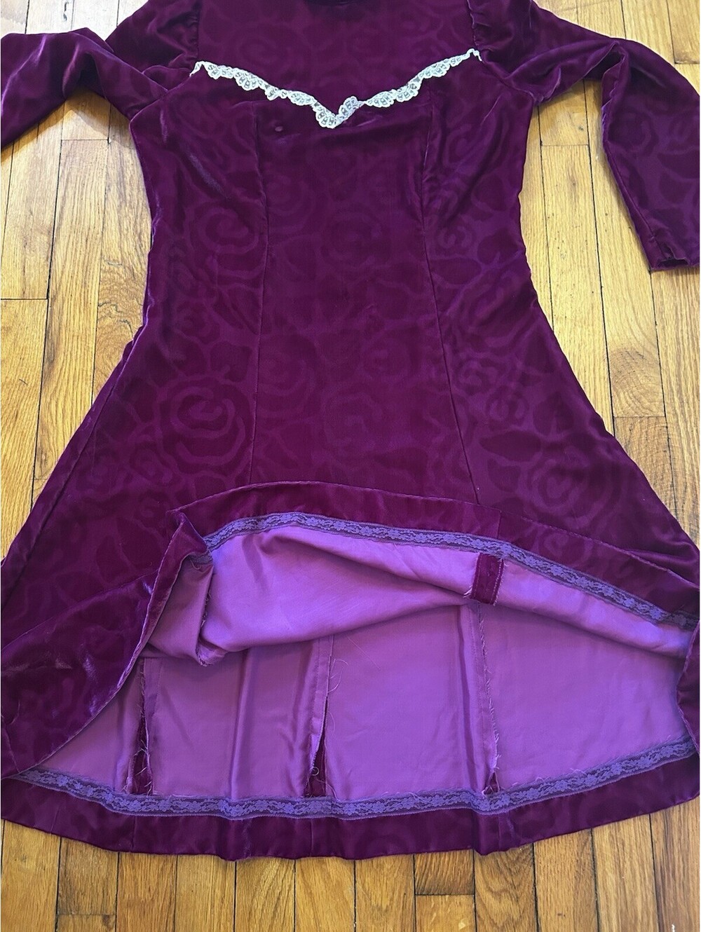 VTG 70s Handmade Prairie Victorian Gunne Cottage Lace Velvet Party Dress SZ M/L - Picture 7 of 8